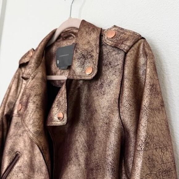 Anthropologie Metallic Bronze Gold Moto Jacket Faux Leather Biker Medium - Picture 2 of 6